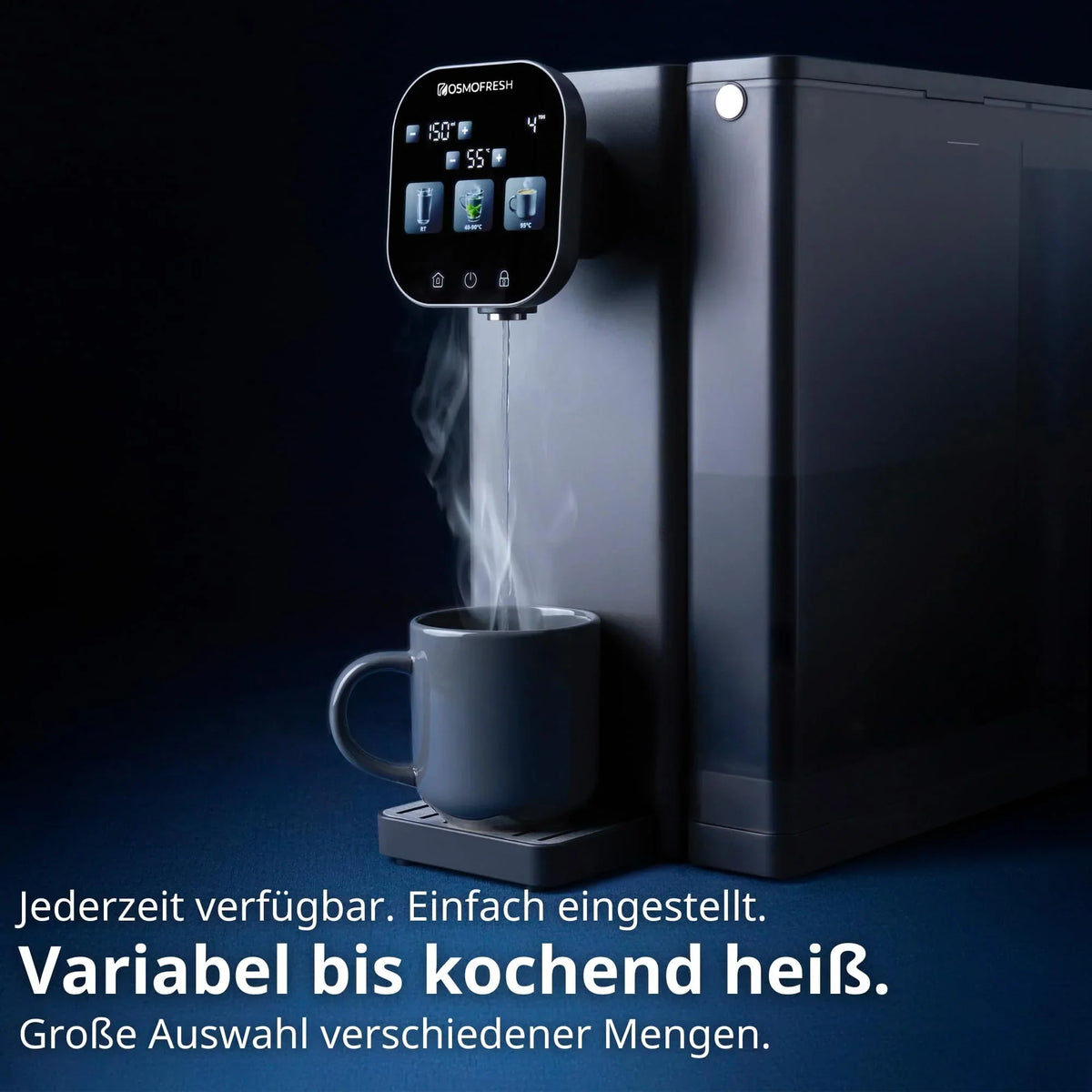 Sistema de ósmosis inversa de sobremesa OsmoFresh Fusion Air, dispensador de agua caliente, filtro de minerales, 3x UVC, relación de residuos 2:1, certificado por TÜV