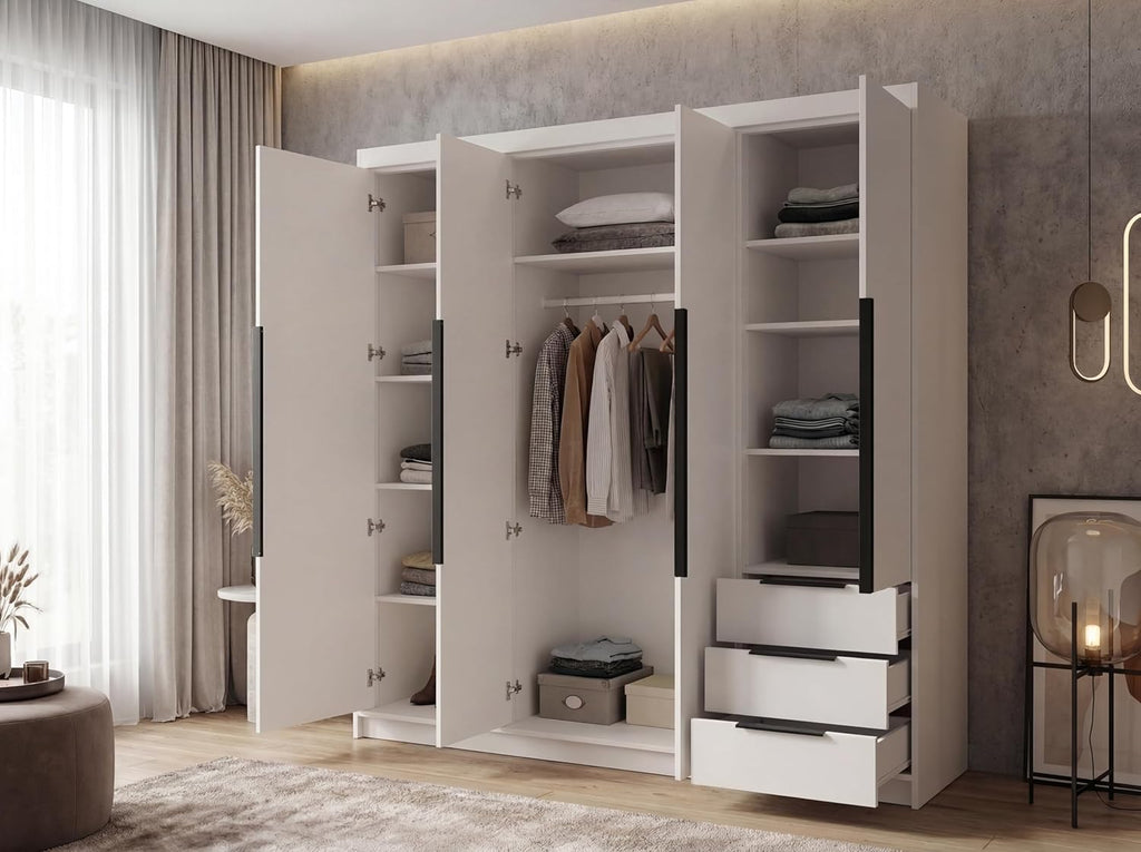 Armario de 4 puertas A&J MöbelLand KLARI con 3 cajones – 200 x 215 cm – Armario de puertas batientes con barra para colgar ropa y estantes