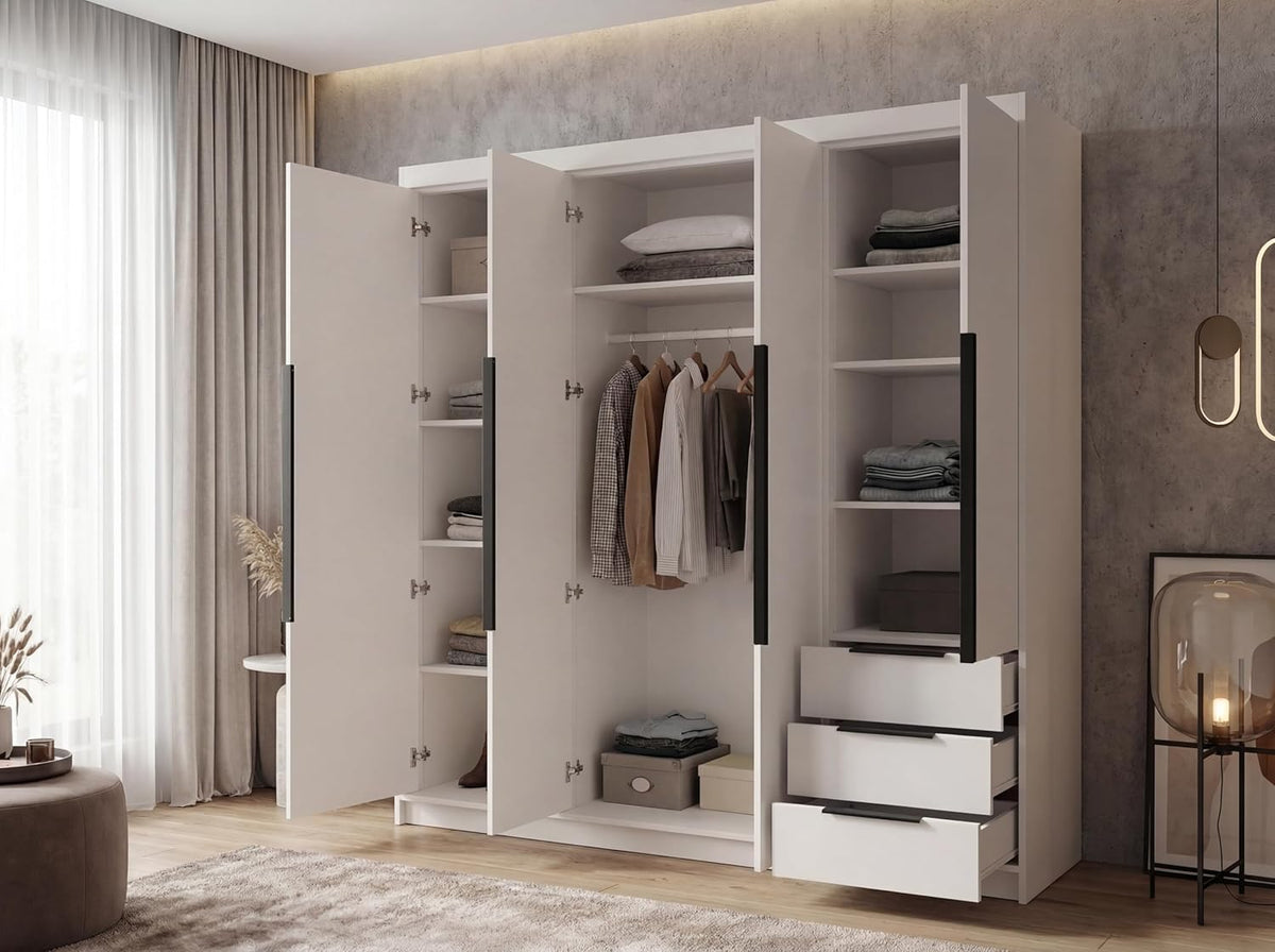Armario de 4 puertas A&J MöbelLand KLARI con 3 cajones – 200 x 215 cm – Armario de puertas batientes con barra para colgar ropa y estantes