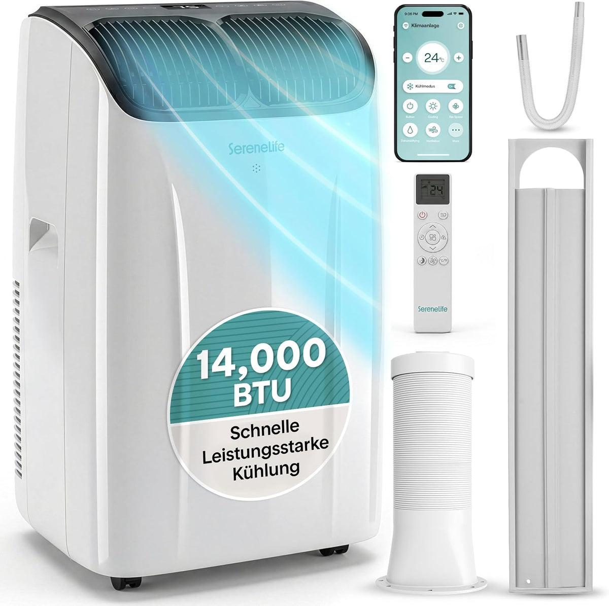 Aire acondicionado portátil SereneLife 14000 BTU – Aire acondicionado pequeño para habitaciones de hasta 33 m² | WiFi | Enfriamiento, deshumidificador y ventilador | 51 dB