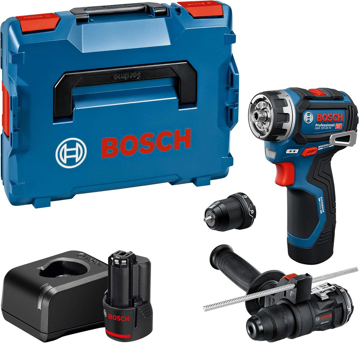 Taladro atornillador a batería Bosch PRO 12V System GSR12V-32FC (incluye 2,0 Ah, GAL 12V-20, GFA 12-M, GFA 12-H, empuñadura adicional, tope de profundidad, L-BOXX)