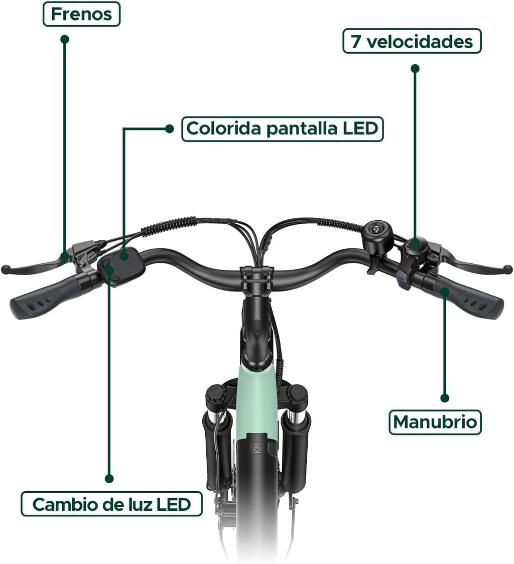 Bicicleta eléctrica MileCity1 de 26" para adultos, bicicleta eléctrica de 7 velocidades con batería intercambiable de 36V 13Ah, 25 km/h y 80-100 km de autonomía para desplazamientos urbanos, resistente al agua IP65
