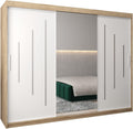 ABIKSMEBLE York 1 250 Armario de 2 puertas correderas para dormitorio - Armario moderno con espejo, barra y estantes - 250x200x62 cm (ancho x alto x fondo) - Sonoma + blanco mate