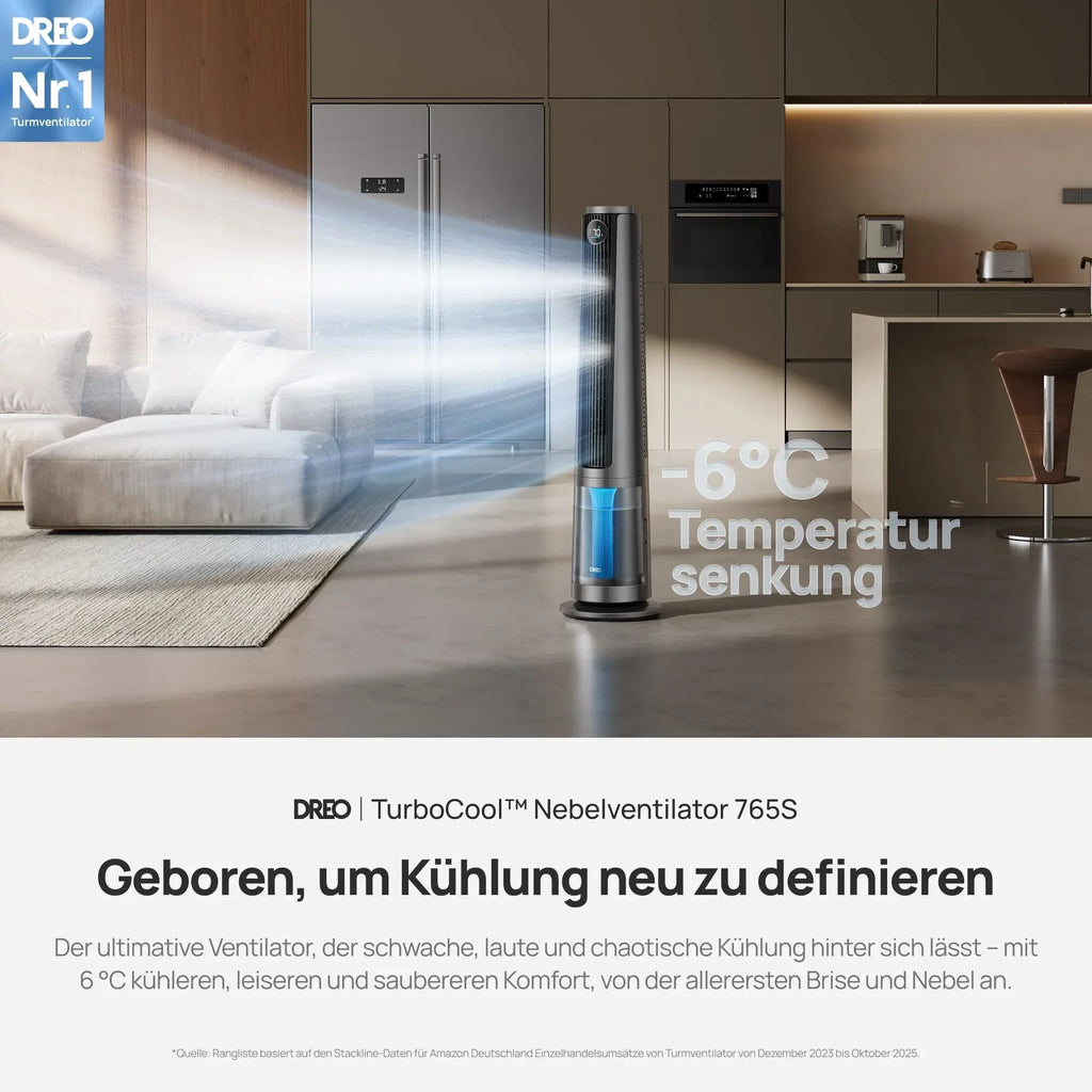 Ventilador nebulizador 765S, ventilador de torre 3 en 1, depósito de 6 L, flujo de aire de 10,4 m/s, control por aplicación Wi-Fi, 12 velocidades, 4 modos