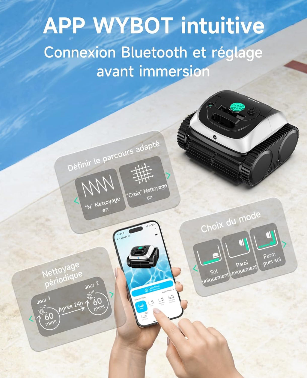 WYBOT C1 Robot limpiafondos para piscinas, fondo y paredes, 150 min, aspiradora de piscina con planificación inteligente de rutas, limpieza totalmente automática del suelo, limpieza rápida de 150 m² (verde y blanco)