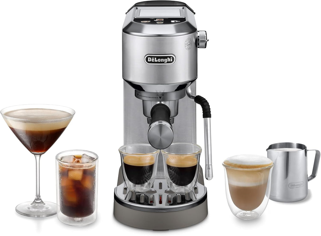 De'Longhi Dedica Duo - Cafetera de espresso de brazo compacta y perfecta con iconos táctiles, espumador de leche manual para espresso, capuchino y cold brew, 15 cm de ancho, metal (EC890.M)