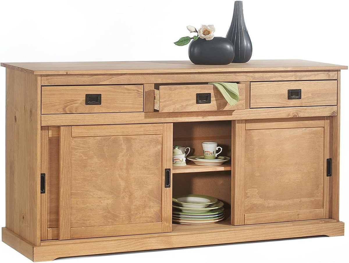 Aparador IDIMEX Savona con 3 puertas y 3 cajones, madera maciza, color roble, mueble buffet, vajillero, madera maciza