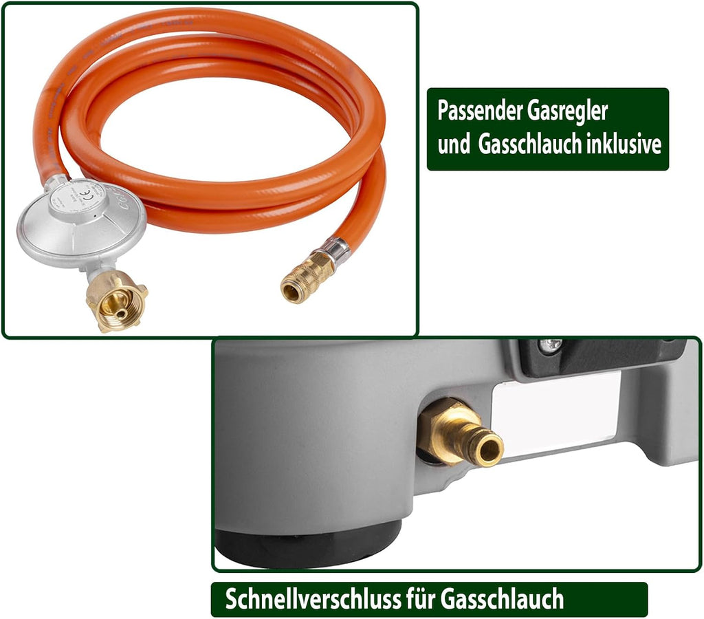 BRUNNER: Hornillo de camping de mesa 2 en 1 de 2 fuegos de acero inoxidable, barbacoa de gas y cocina de gas - POWERKOOK 50mbar con 1 cacerola + 1 plancha - con regulador de gas y manguera de gas