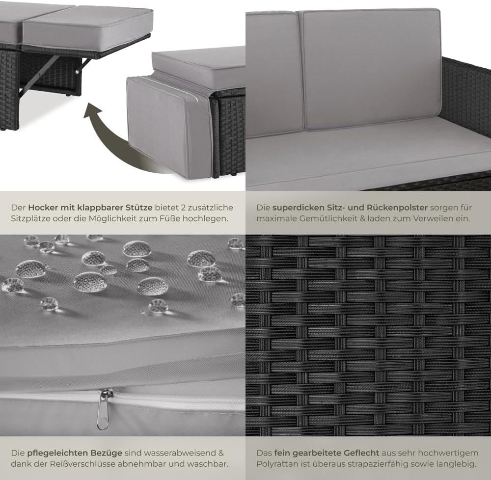 Set de sofá tectake® - Sofá de 2 plazas con taburete y función de cama, pequeño sofá de ratán como mueble de jardín exterior, resistente a la intemperie para salón, balcón y jardín, plegable con cojines impermeables - Negro