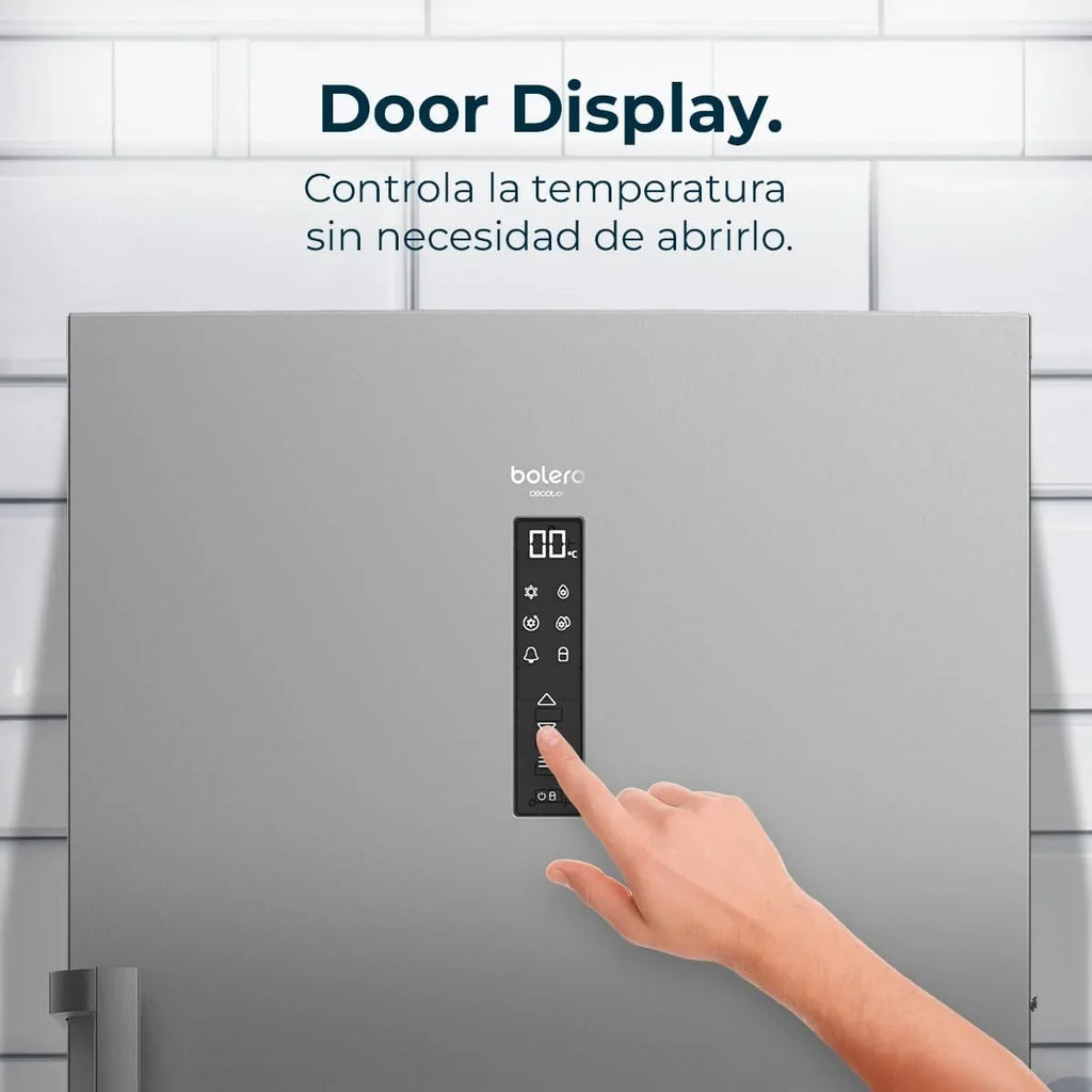 Congelador vertical Cecotec de 380L Bolero CoolMarket UF 380 inox D. 1950W, motor Inverter Plus, bajo consumo, Total No Frost, pantalla en la puerta, convertible a frigorífico, Multi Airflow