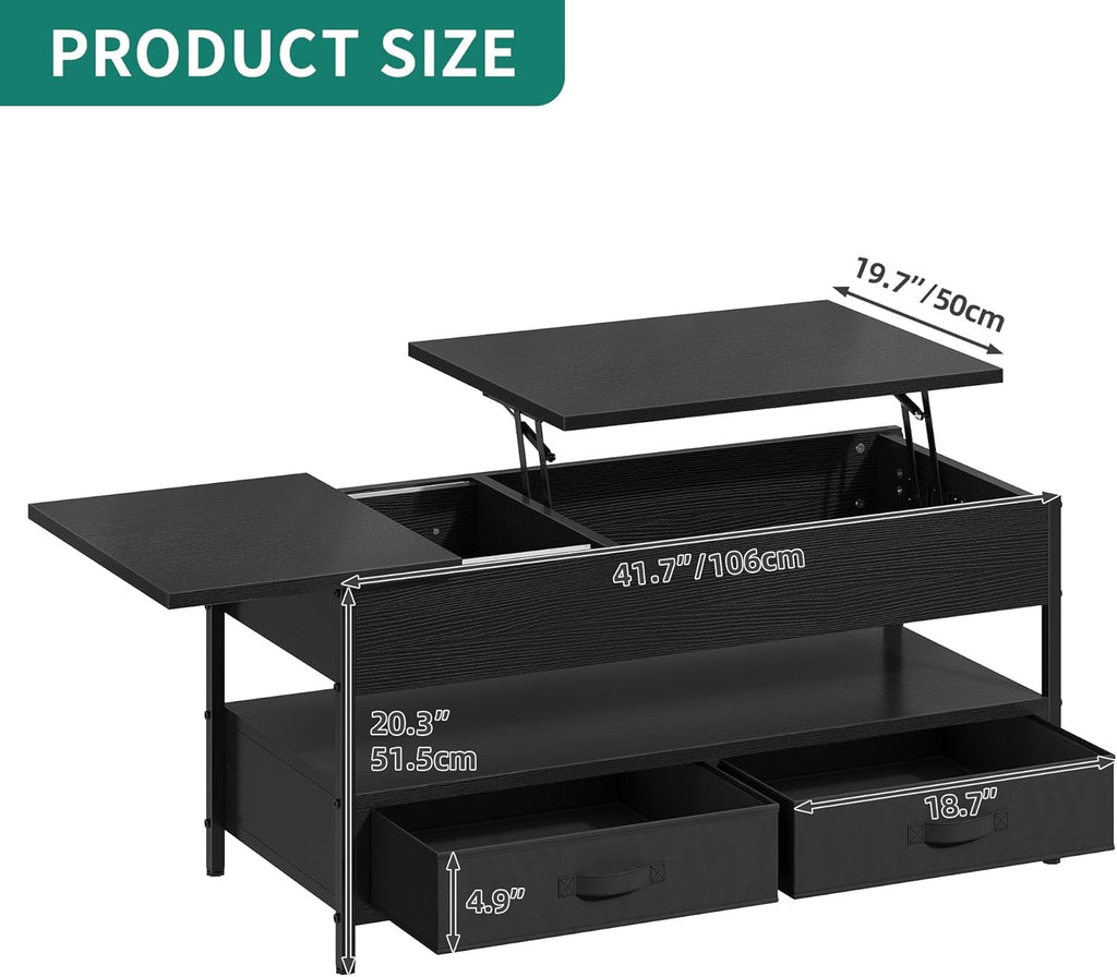 Mesa de centro elevable YITAHOME, mesa de salón con compartimento de almacenamiento oculto para sala de estar u oficina, mesa de centro con almacenamiento, 2 cajones y tira de luz LED, 106 x 50 x 51,5 cm