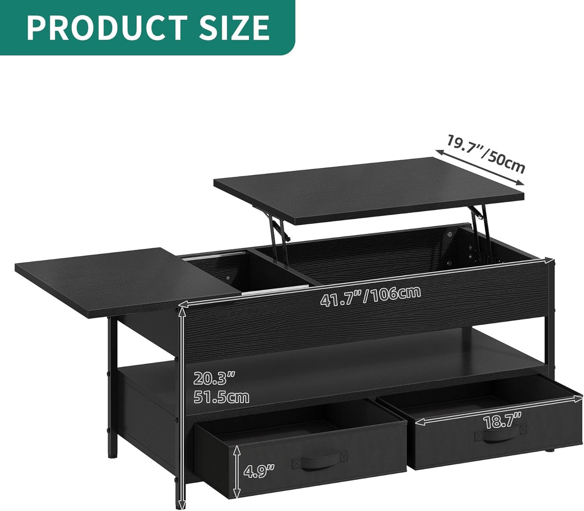 Mesa de centro elevable YITAHOME, mesa de salón con compartimento de almacenamiento oculto para sala de estar u oficina, mesa de centro con almacenamiento, 2 cajones y tira de luz LED, 106 x 50 x 51,5 cm