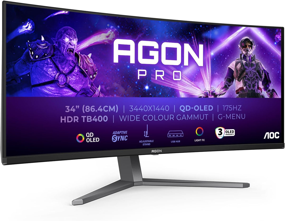 Monitor para juegos curvo AOC Agon Pro AG346UCDAM OLED WQHD de 34 pulgadas, 175 Hz, 0,03 ms, FreeSync Premium Pro, compatible con G-Sync, HDR400 (3440x1440, 2X HDMI, DisplayPort, concentrador USB), negro
