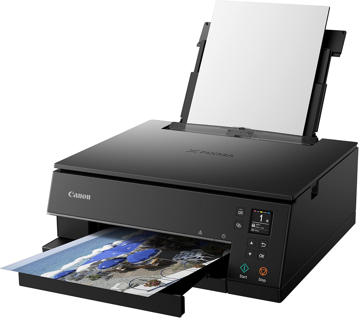 Impresora multifunción de inyección de tinta a color Canon PIXMA TS6350a DIN A4 (impresora fotográfica, escáner, copiadora, OLED, 4.800x1.200 ppp, USB, WLAN, 5 tintas independientes, impresión a doble cara, 2 bandejas de papel), negro