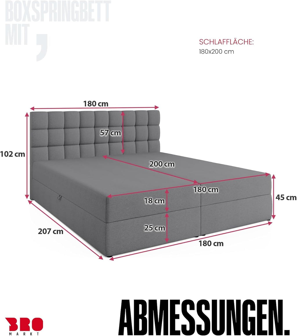 Cama boxspring BROMARKT con arcón, cama tapizada con colchón Bonell y topper, cama para dormitorio, cabecero acolchado, modelo Dakota, muelles Bonell, 180x200, grado de firmeza H3, gris Malmo