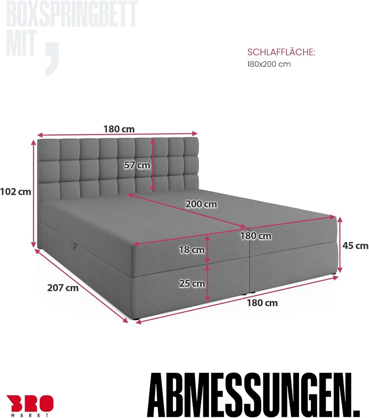 Cama boxspring BROMARKT con arcón, cama tapizada con colchón Bonell y topper, cama para dormitorio, cabecero acolchado, modelo Dakota, muelles Bonell, 180x200, grado de firmeza H3, gris Malmo