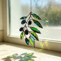 Atrapasueños de vidrieras, rama de olivo, hoja verde, colgante de ventana, decoración botánica