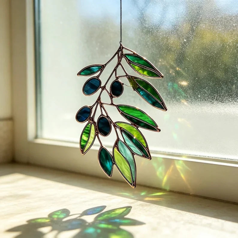 Atrapasueños de vidrieras, rama de olivo, hoja verde, colgante de ventana, decoración botánica