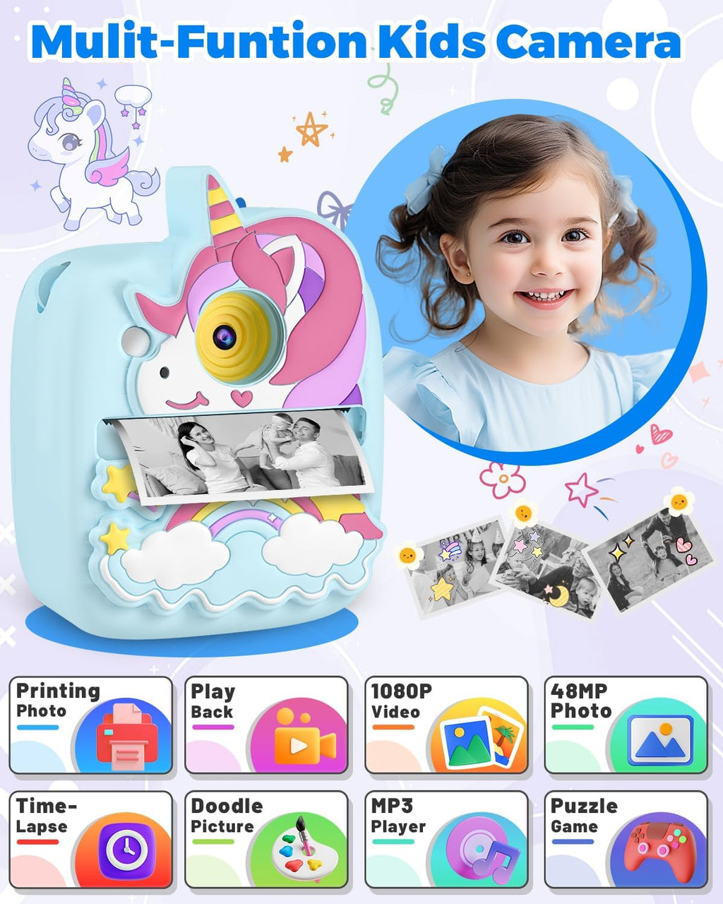 Cámara de fotos instantánea para niños, cámara HD de 48 MP con papel de impresión y tarjeta de 32 GB, juguete de regalo para niños y niñas de 3 a 12 años (azul)
