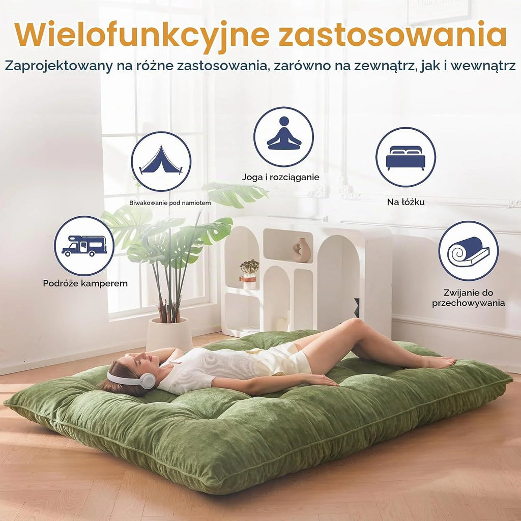 MAXYOYO materac futon, tkanina szenilowa, 15 cm grubości, składany materac futon do kanapy wypełniony strzępioną pianką, szyty guzikiem, praktyczna składana mata podłogowa (bez ramy)