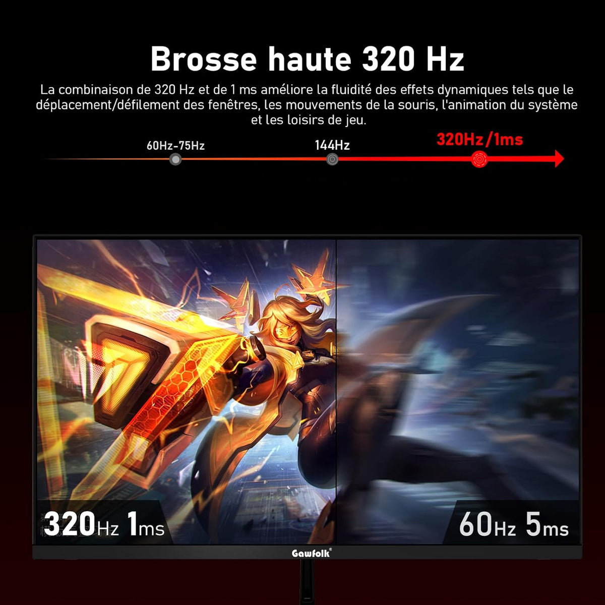 Monitor de PC IPS Gawfolk de 27 pulgadas, 2K WQHD (2560×1440P), monitor gaming de 320Hz, 1ms, sin bordes, 120% sRGB, gran angular de 178°, HDMI, DisplayPort, compatible con soportes de pared VESA 75x75mm - Negro