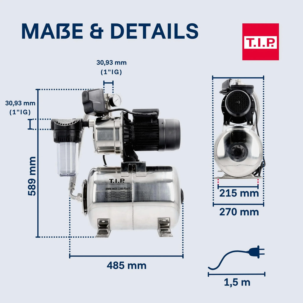 Sistema de agua doméstica T.I.P. HWW INOX 1300 Plus F, 1200 W, bomba Jet, 4350 l/h, altura de elevación 50 m, depósito a presión, prefiltro, libre de mantenimiento