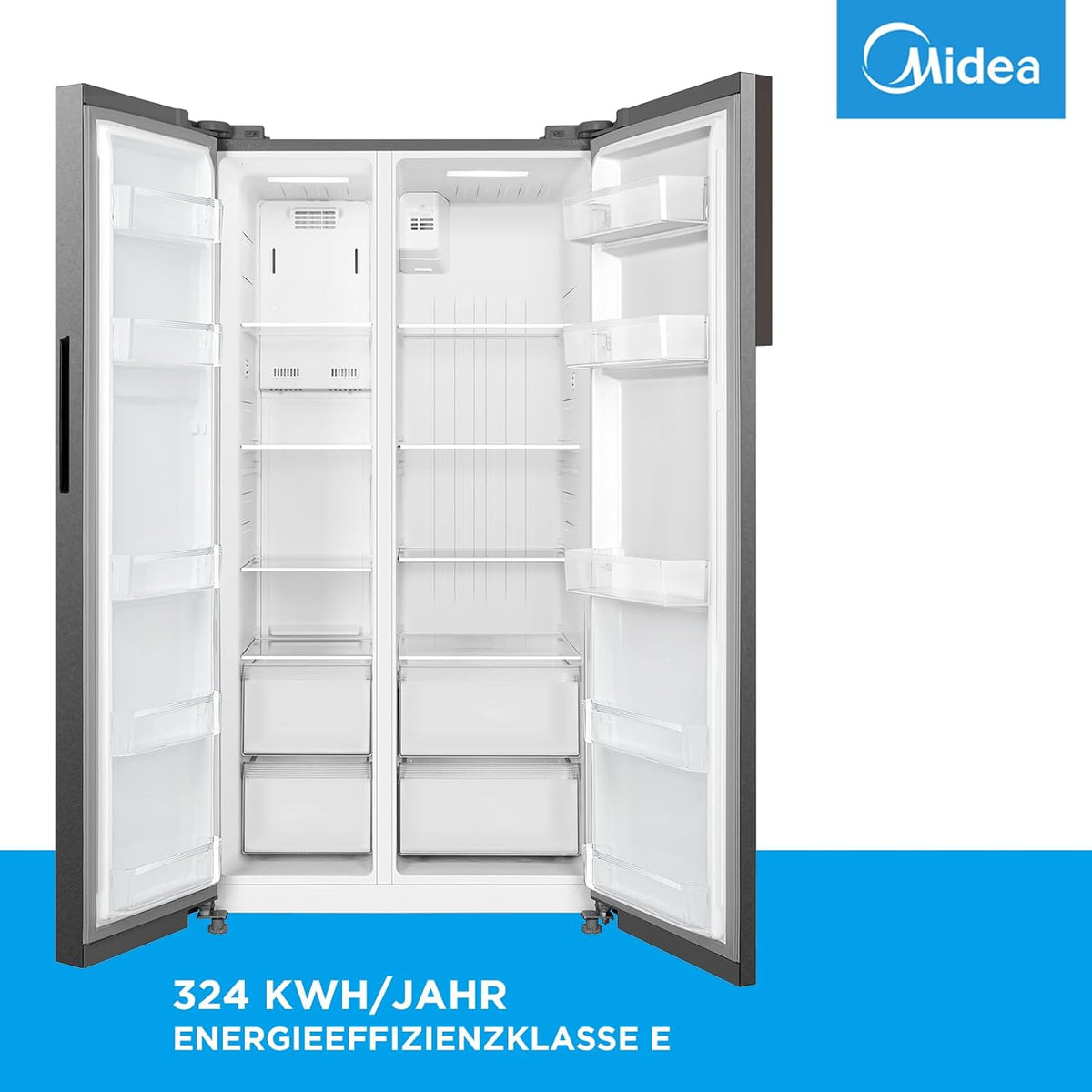 Midea KS-DDX 6.32 WT Frigorífico americano / 178,8 cm de altura / 254 kWh/año / No Frost / Compresor Dual Inverter / con dispensador de agua/hielo 3 en 1 y depósito de agua, Dark Inox