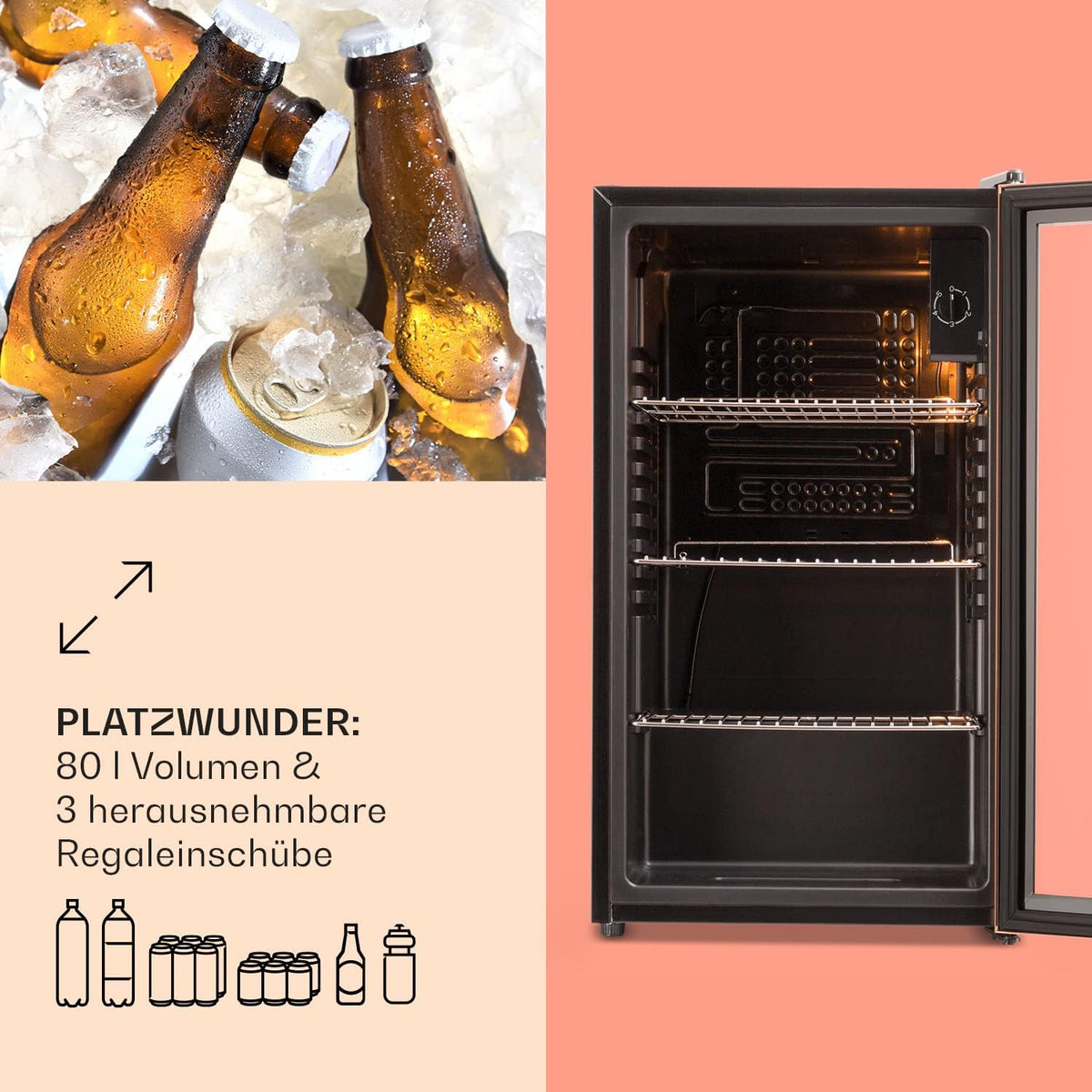 Mininevera Klarstein con puerta de cristal para habitaciones, refrigerador de bebidas con estantes ajustables, pequeño de 80 litros, frigorífico silencioso para interiores/exteriores