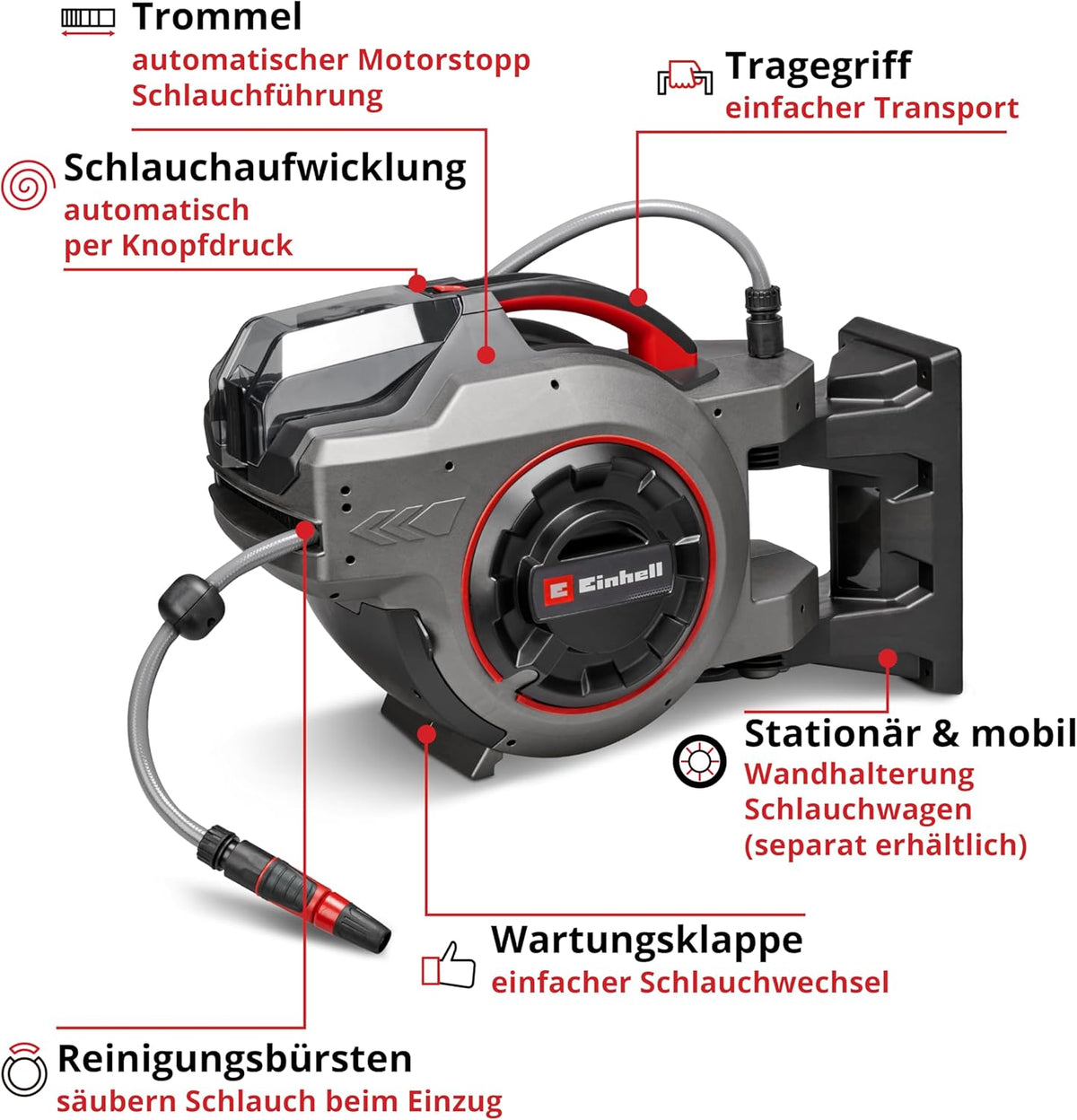Enrollador de manguera a batería Einhell GE-HR 18/30-1 Li-Solo Power X-Change (18 V, enrollado automático de manguera, giratorio hasta 180°, soporte de pared, manguera de jardín de 30 m y rociador, sin batería)