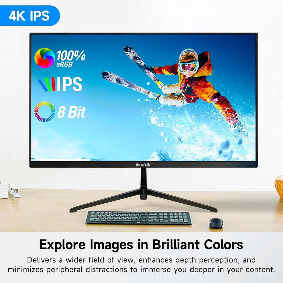 Monitor Gawfolk 4K IPS de 27 pulgadas y 60 Hz, pantalla de PC UHD de 3840 x 2160p, monitor de computadora sin marco para oficina en casa, DP, HDMI, VESA 75 x 75 mm