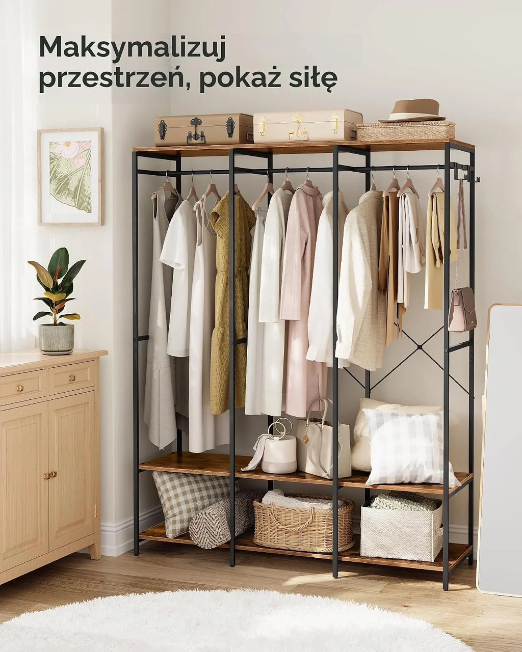 SONGMICS Przenośna szafa na ubrania, składana szafa, wieszak na ubrania, wolnostojący, organizer do szafy, z wiszącymi drążkami, półki do przechowywania, zdejmowane haczyki, 40 x 141 x 180 cm