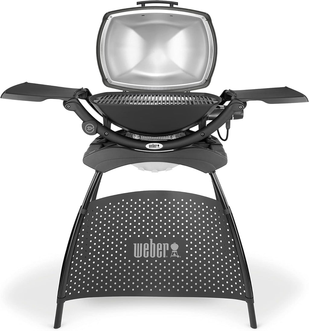 Barbacoa eléctrica Weber Q2400 con soporte y mesas laterales, superficie de cocción de 54 x 39 cm, portátil, parrilla de cocción de hierro fundido vitrificado dividida en 2 partes, tapa y cuerpo de aluminio fundido - Gris oscuro (55020879)
