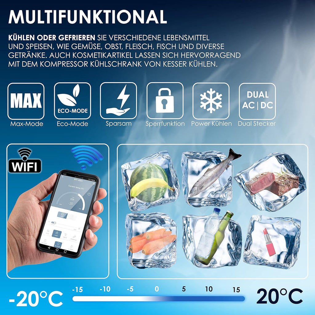 KESSER® Nevera de compresor eléctrica para coche de 50L, nevera de camping 12/24/230V con control por APP, congelador hasta –20 °C, nevera con ruedas y asa telescópica para camping, autocaravana, camión y barco + 2 acumuladores de frío