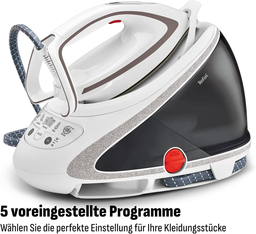 Centro de planchado Tefal Pro Express Ultimate, 7,7 bares, 155 g/min de vapor continuo, 500 g/min de golpe de vapor, 2600 vatios, colector de cal, plancha con centro de vapor, blanco/gris, GV9567