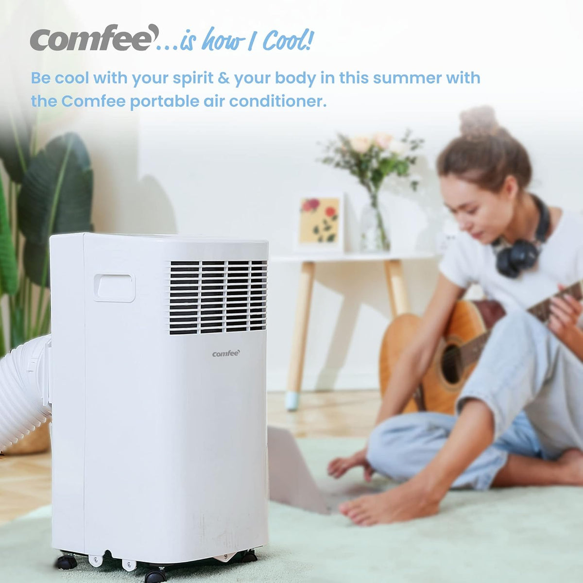 Aire acondicionado portátil Comfee Breezy Cool Pro 2.6, 9000 BTU 2,6 kW, refrigeración, ventilación y deshumidificación, control por aplicación, para habitaciones de hasta 88 m³ (33 m²), aire acondicionado móvil con tubo de escape