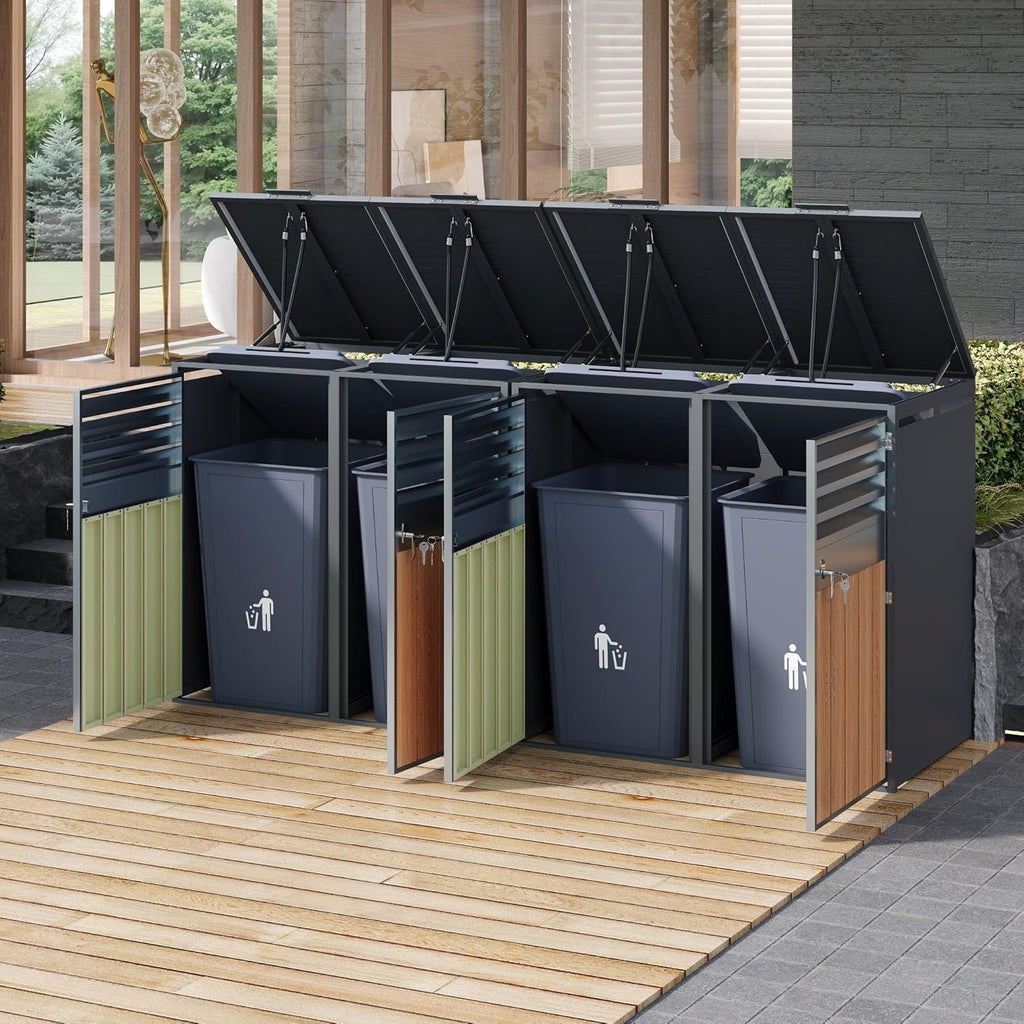 Cubo para 4 contenedores de basura de hasta 240 L con tapa abatible, ventilación con lamas, compartimentos de almacenamiento de basura, cerradura, dos puertas, caseta para jardín, revestimiento para cubos de basura, 4 contenedores