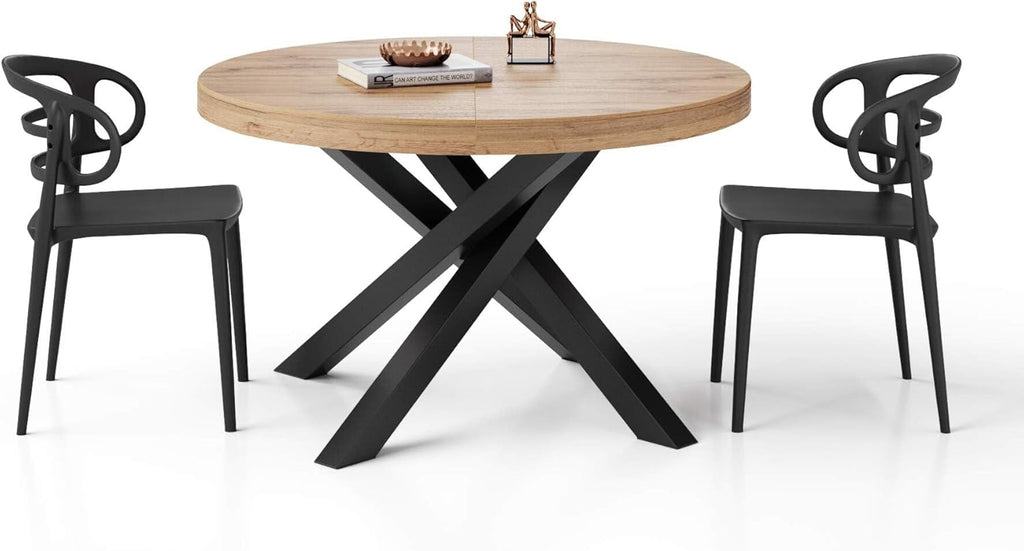 MOBILI FIVER, Mesa redonda extensible Emma, 120-160 cm, Roble rústico con patas cruzadas negras, Made in Italy