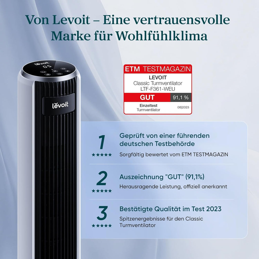 Ventilador de torre Levoit con modo de suspensión avanzado, silencioso, temporizador de 12 horas, 4 modos, 5 velocidades, modo automático con sensor, oscilación, mando a distancia, blanco, 92 cm