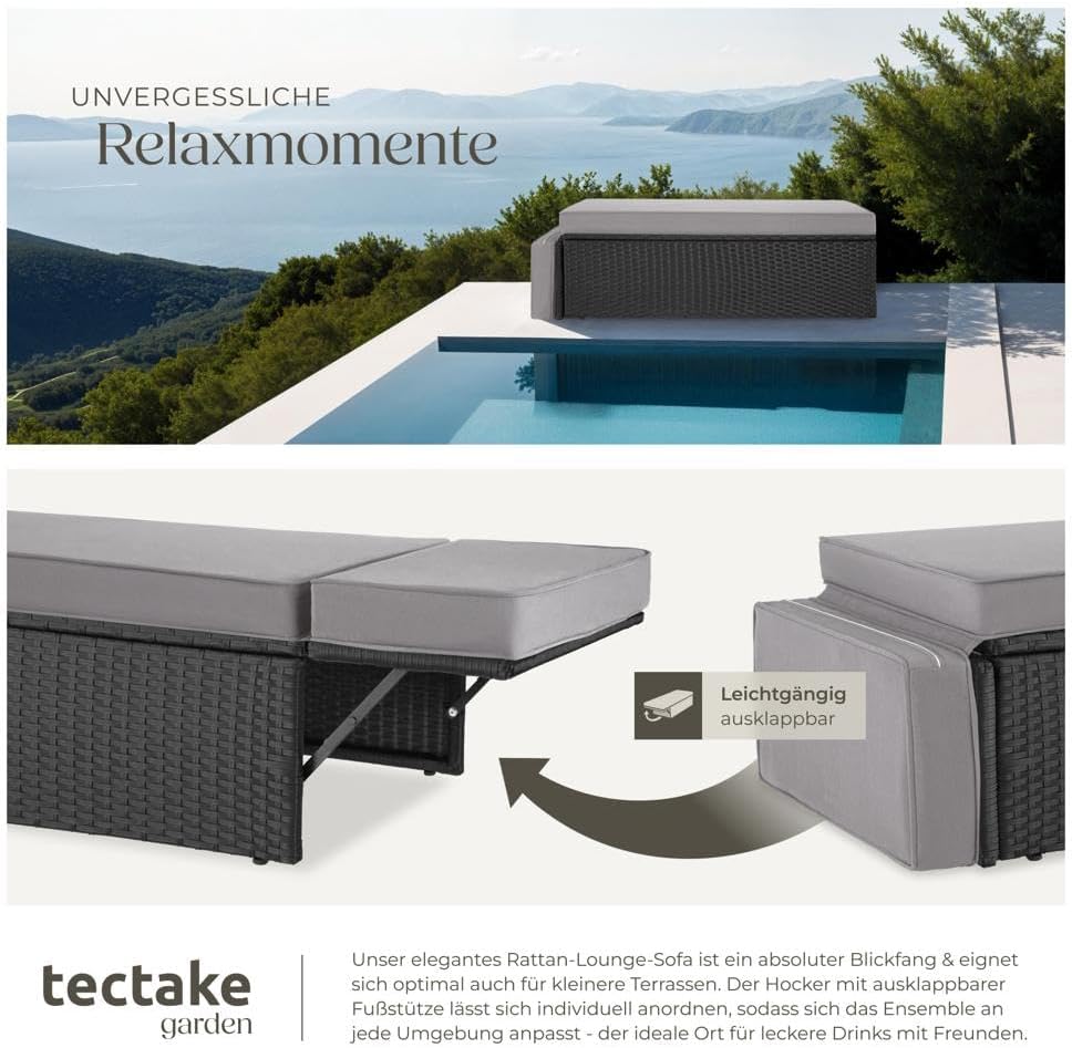 Set de sofá tectake® - Sofá de 2 plazas con taburete y función de cama, pequeño sofá de ratán como mueble de jardín exterior, resistente a la intemperie para salón, balcón y jardín, plegable con cojines impermeables - Negro