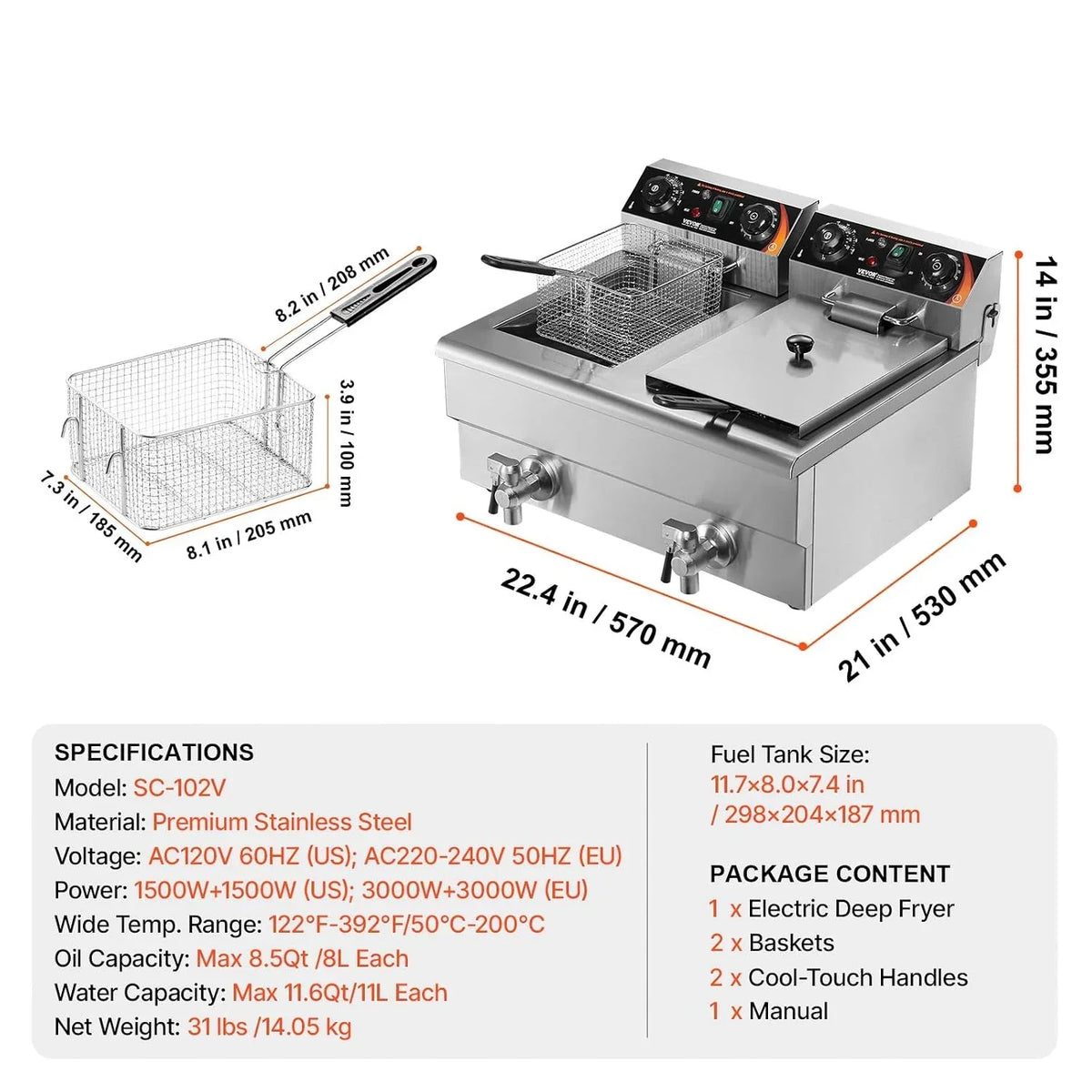 Freidora eléctrica doble de 2 x 8L 3000W, freidora de sobremesa de acero inoxidable con control de temperatura y temporizador, doble cubeta y cestas