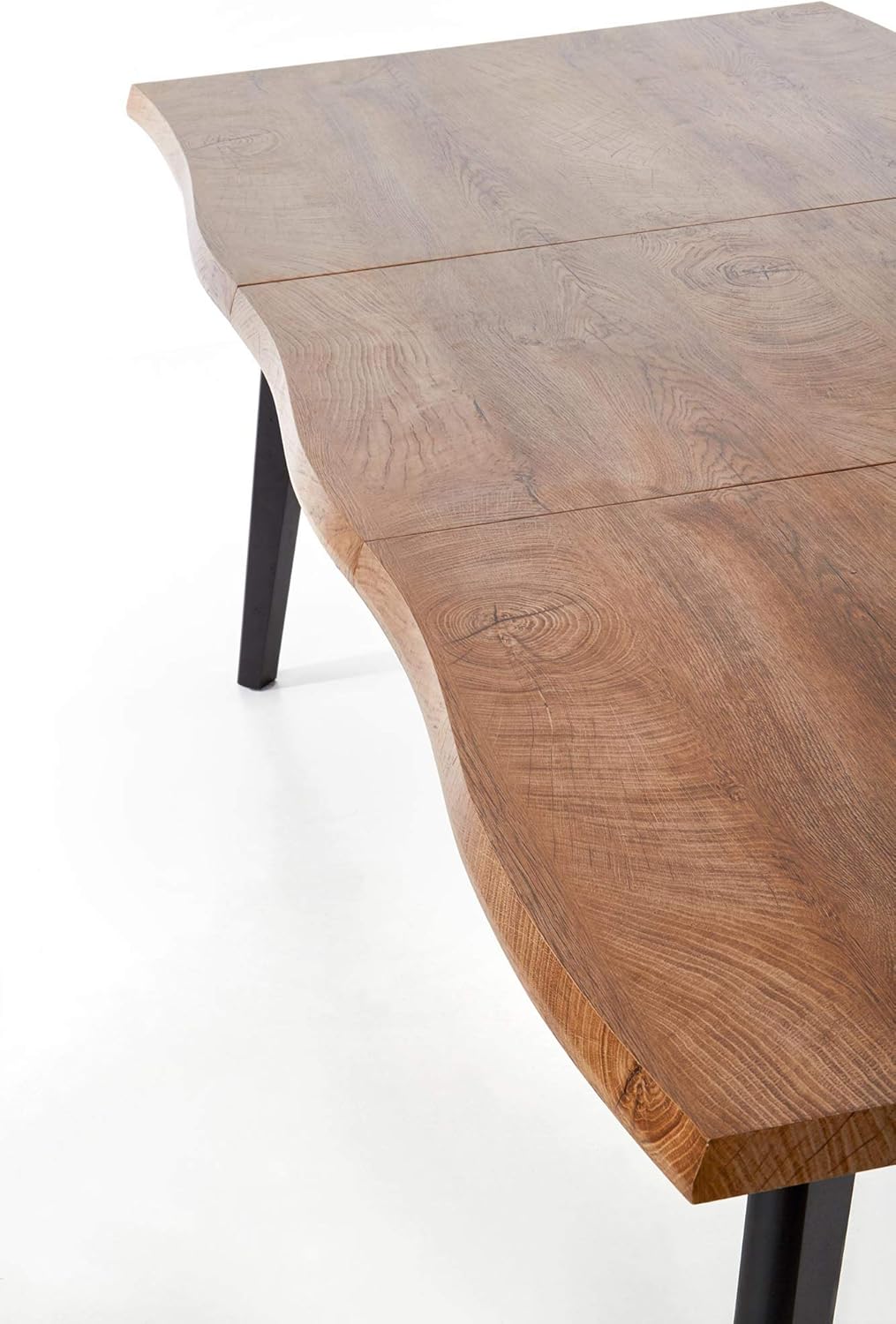 designimpex Mesa de comedor de diseño HAW-222, roble natural, chapa de madera auténtica, borde vivo, madera maciza, extensible de 120 a 180 cm, borde natural, mesa de comedor, mesa de cocina