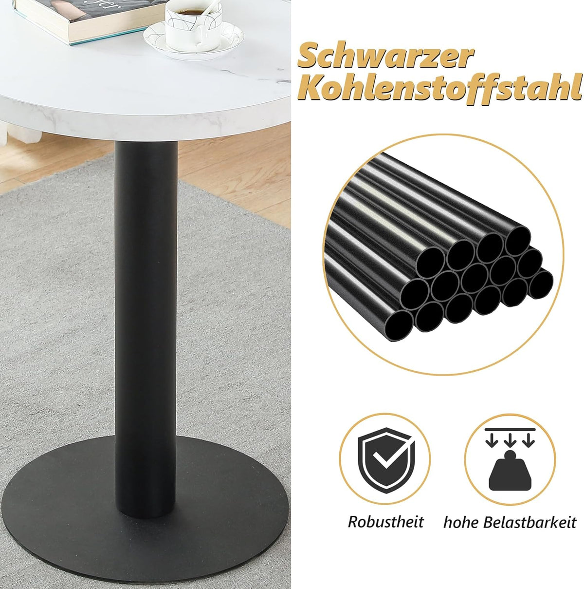 Mesa de comedor Mingone pequeña y redonda de 60 cm, mesa de cocina con tablero de mármol y pata metálica para salón, balcón y comedor, blanca