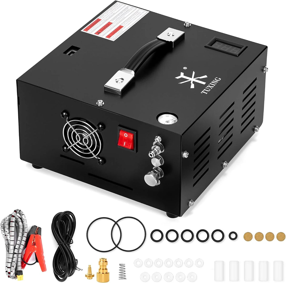 Sprężarka powietrza TUXING Pcp, 4500Psi 30Mpa, bezolejowa/wodna, zasilana samochodem 12 V DC lub domowym 220V AC z adapterem (w zestawie), pompa do wiatrówek i wiatrówek PCP (TXES061)