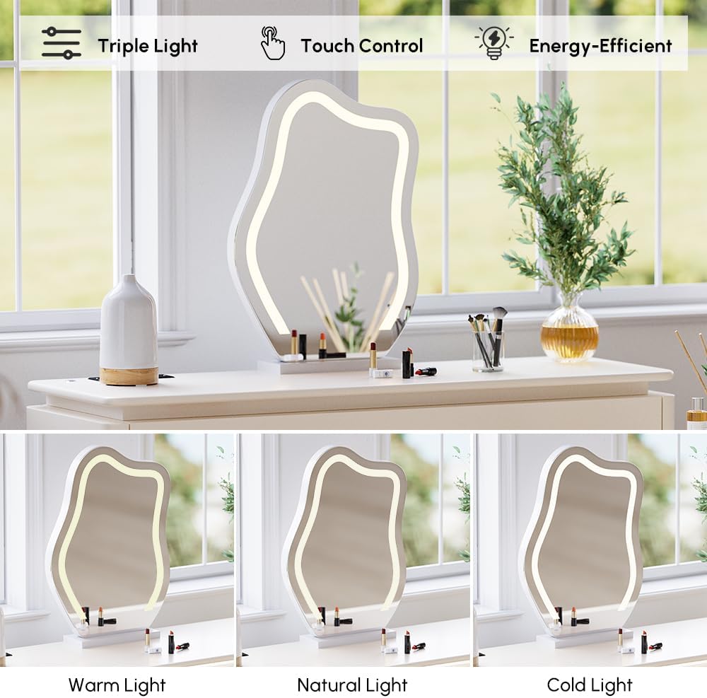 Tocador Homary con iluminación, tocador moderno con diseño extensible, iluminación LED regulable y estación de carga integrada para sus herramientas de belleza