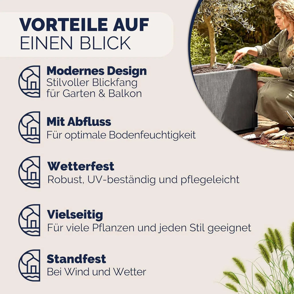 Jardinera Ethica, set de 4 unidades, 80 L, 80x36x35 cm, macetero de plástico con base de drenaje, resistente a las heladas