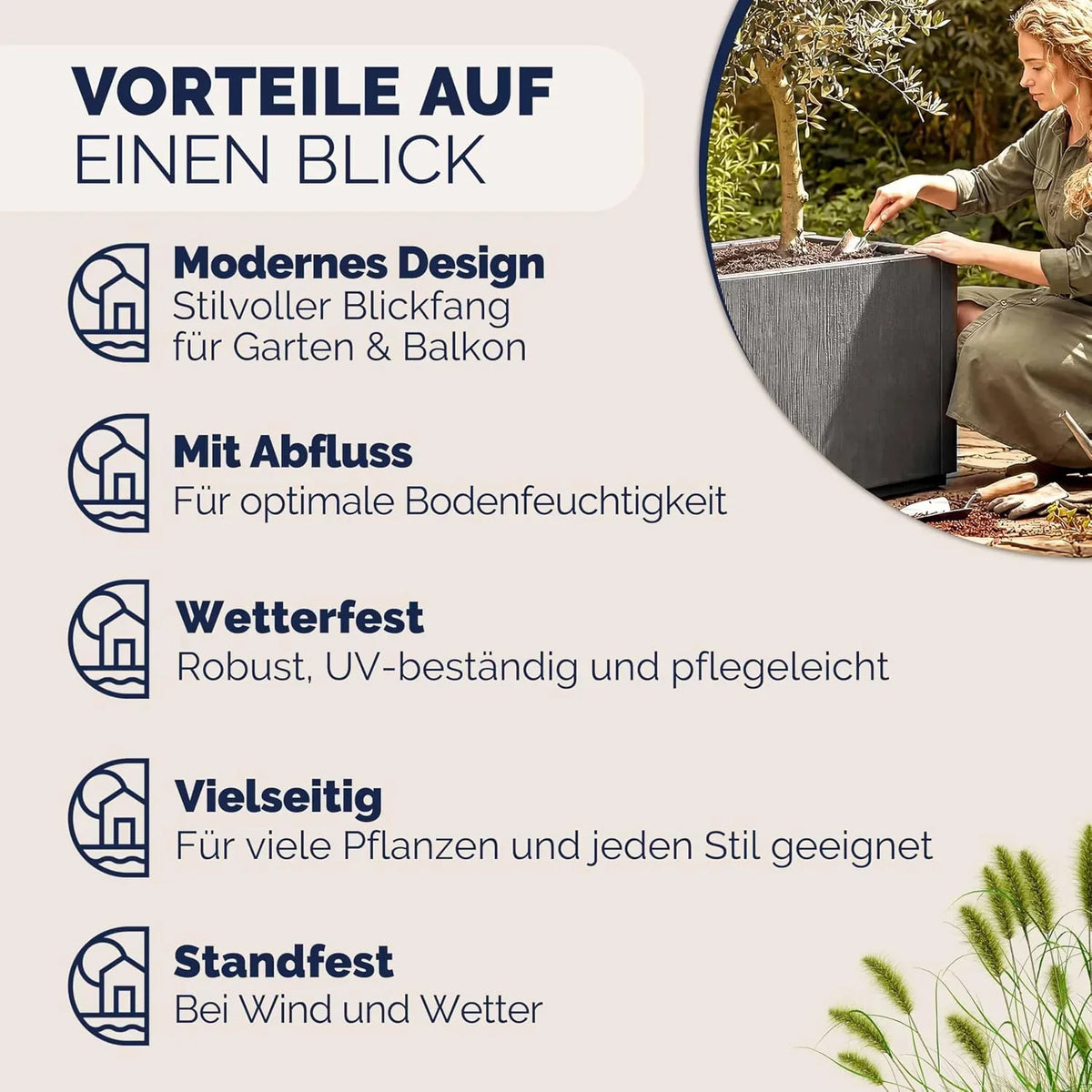 Jardinera Ethica, set de 4 unidades, 80 L, 80x36x35 cm, macetero de plástico con base de drenaje, resistente a las heladas