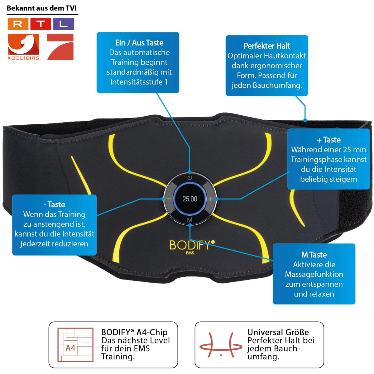 Entrenador abdominal EMS Max para estimulación muscular abdominal dirigida con controlador, cable de carga y cinta de extensión