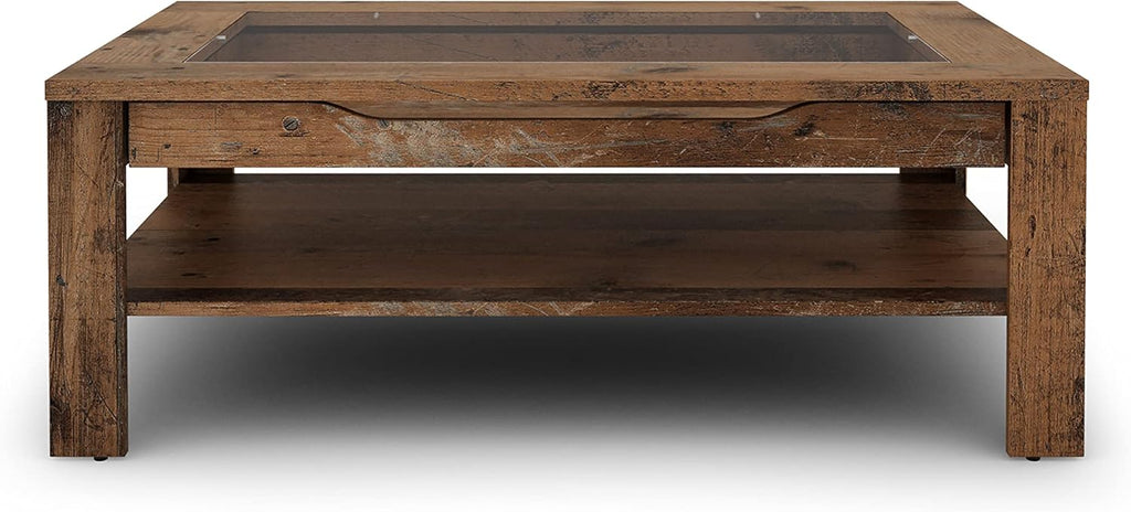 Mesa de centro Ralph de byLIVING / aspecto de madera vieja de roble marrón oscuro / mesa de sofá con incrustaciones de vidrio y un cajón espacioso en marrón / mesa auxiliar con mucho espacio de almacenamiento / An 110, Al 43, Pr 67 cm