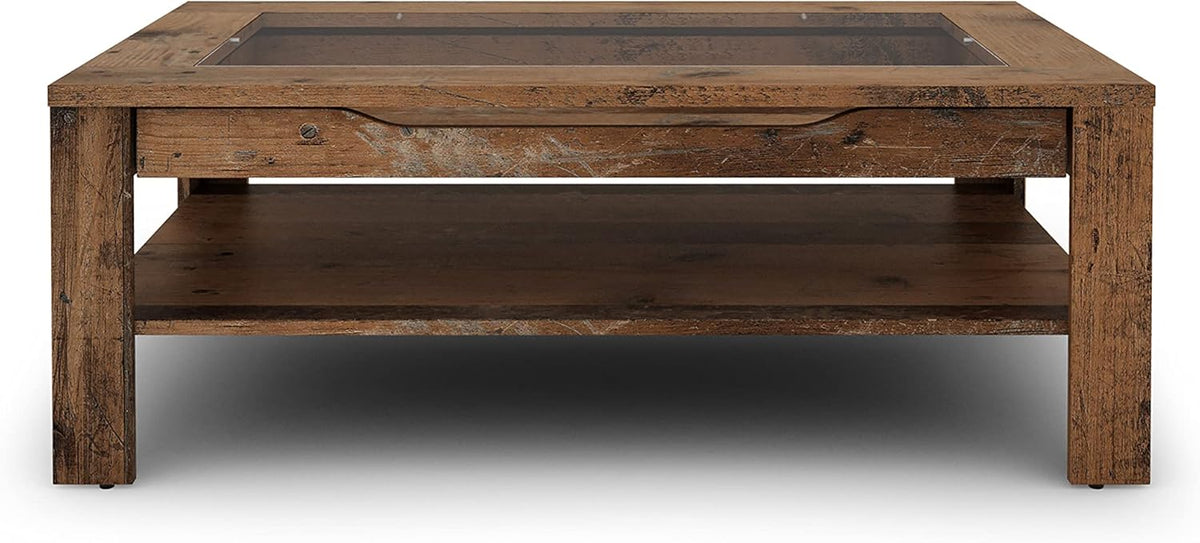 Mesa de centro Ralph de byLIVING / aspecto de madera vieja de roble marrón oscuro / mesa de sofá con incrustaciones de vidrio y un cajón espacioso en marrón / mesa auxiliar con mucho espacio de almacenamiento / An 110, Al 43, Pr 67 cm