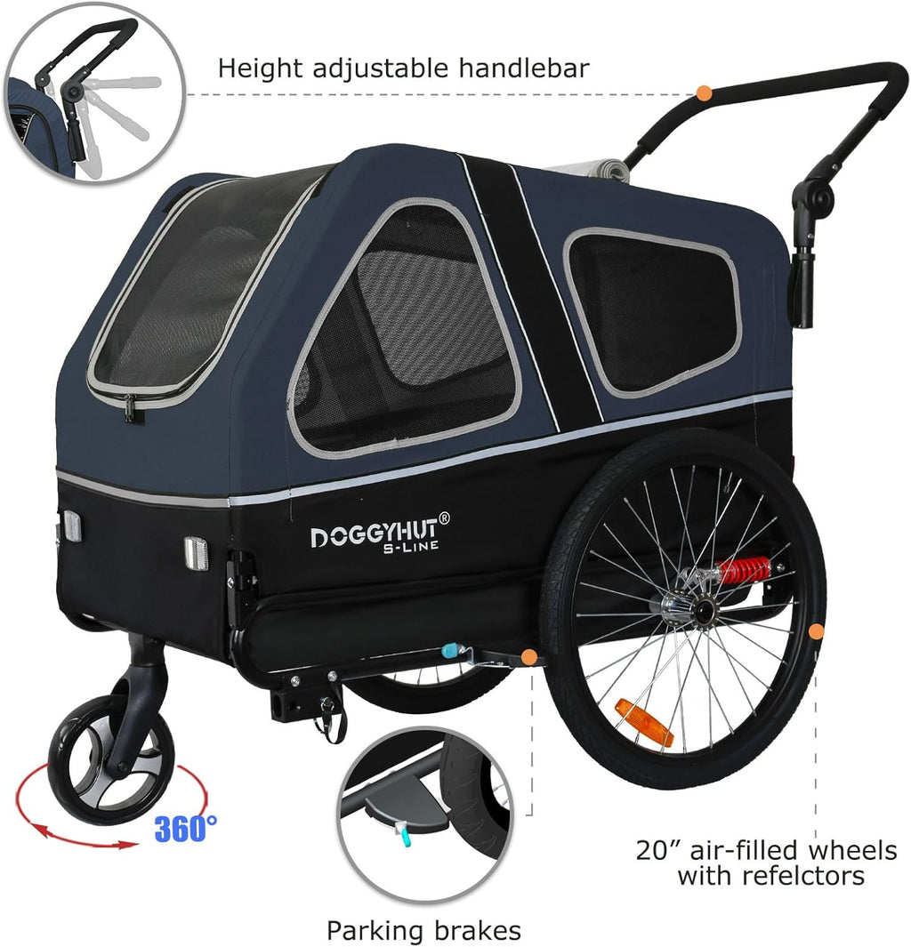 Doggyhut S-Line XL Remolque y cochecito para perros con suspensión 2 en 1, remolque de bicicleta para perros y jogger con suspensión hasta 45 kg